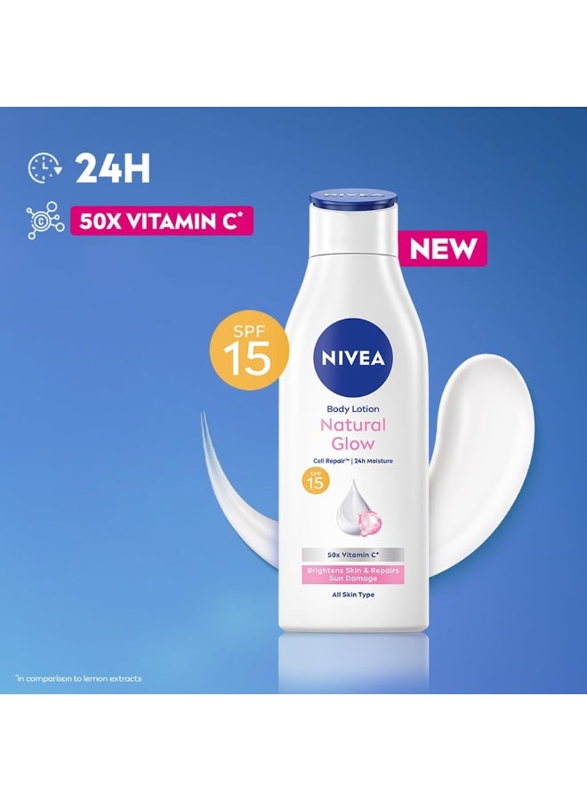 نيفيا لوشن نيفيا ناتشورال جلو لتجديد خلايا البشرة 200 مل | عامل حماية من الشمس SPF 15 و50 ضعفًا من فيتامين C لحماية مثالية في الصيف | غني بمستخلصات الكامو كامو والكرز الهندي | يمنح بشرة موحدة اللون وناعمة | مناسب لجميع أنواع البشرة (قد تختلف العبوة). - Image 3